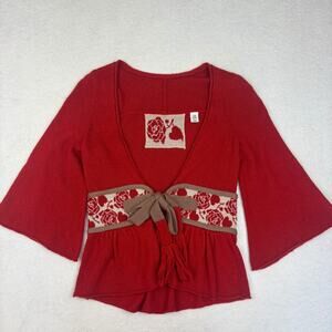 Anthropologie Moth Rare Quicksilver Red Rose Cardigan Sz XS Bell Sleeve Kimono